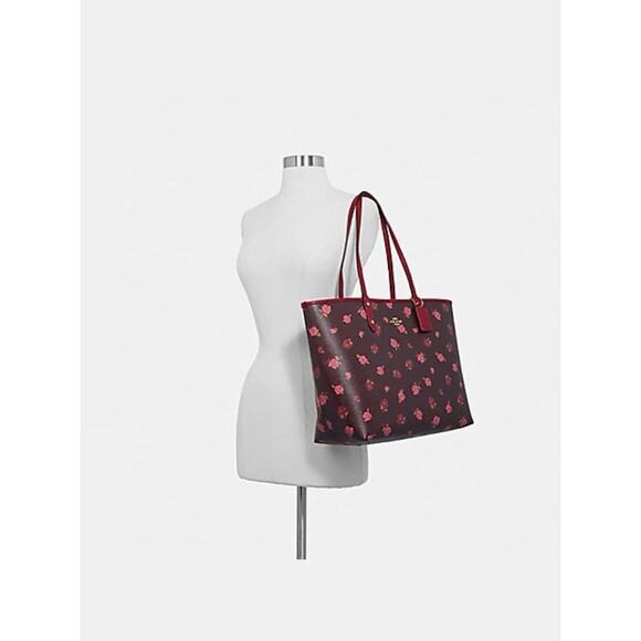 Coach Burgundy City Tote F46286 Tossed Peony Floral Reversible Tote Bag W Pouch - Picture 16 of 16